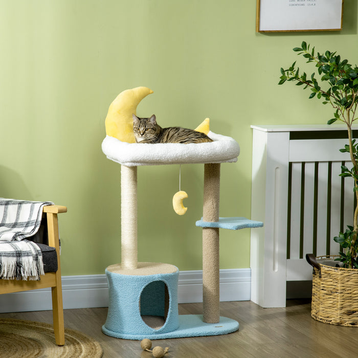 Pawhut 41\" Lovely Cat Tree For Indoor Cats With Teddy Fleece House And Bed, Kitten Tower With Scratching Post, Hanging Moon Shaped Toy, Star Platform, Blue