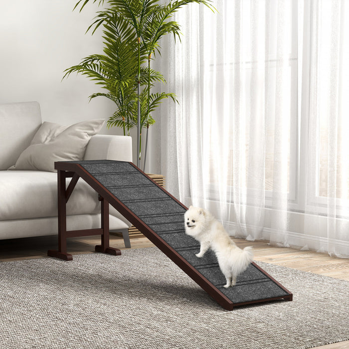Pawhut Pet Ramp Bed Steps For Dogs Cats Non-slip Carpet Top Platform Pine Wood 74\"l X 16\"w X 25\"h Brown Grey