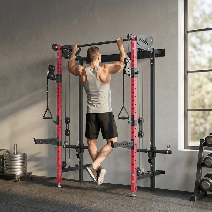 Soozier Foldable Power Cage, Space-Saving Power Rack with Pull-Up Bar, Red