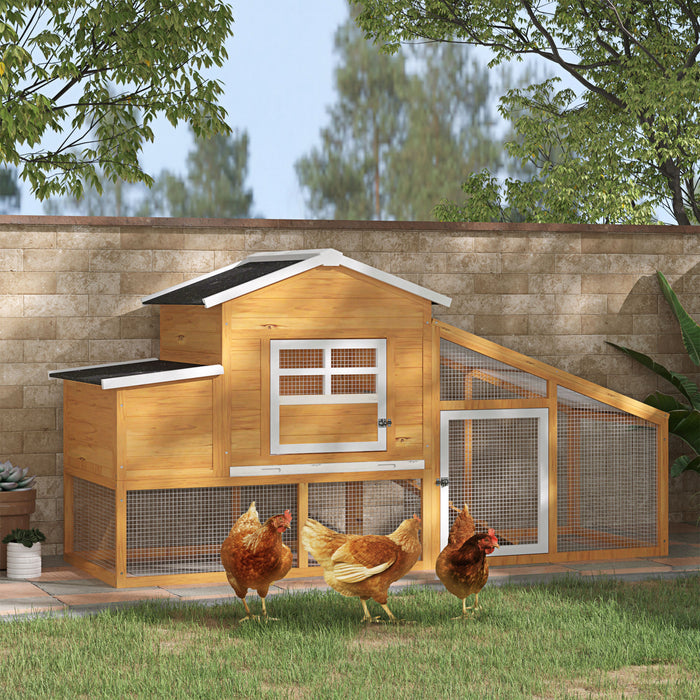 PawHut 79\" Wooden Chicken Coop, Outdoor Hen House, Poultry Habitat with Removable Tray, Nesting Box, Run, Ramp, Brown