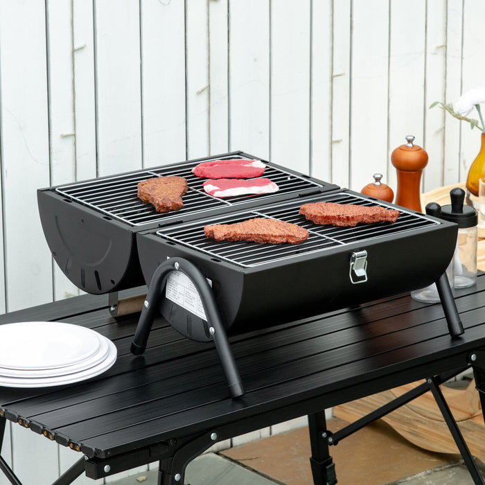 Outsunny Portable Outdoor Charcoal BBQ Grill, Tabletop Folding Barbecue Grill BBQ Heat Smoker with Handle, Black