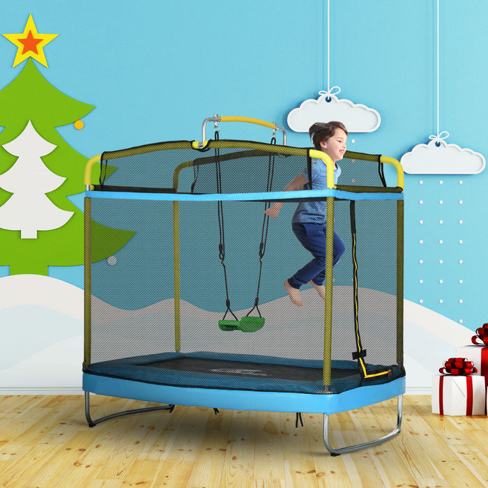 Qaba 6.9ft Trampoline For Kids, 3 In 1 Mini Trampoline With Safety Net, Gymnastics Bar, Swing, Toddler Trampoline For Baby 3+ Years Old Indoor/outdoor Use, Light Blue