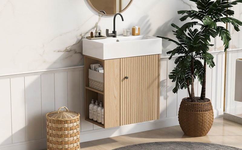 Camille Floating Bathroom Vanity with Ceramic Sink and Left Side Storage, Natural
