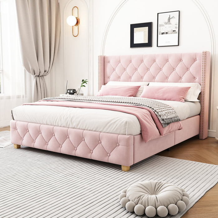 Haley Linen Upholstered Platform Bed with Classic Wingback Headboard and Diamond Tufted Upholstery,Full Size,Pink Full Bed