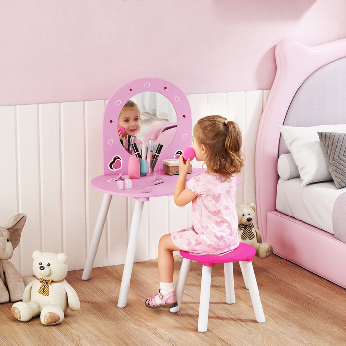 Qaba Kids Vanity Set with Mirror and Stool, Girls Dressing Table, Toddler Makeup Vanity Table with Heart Pattern for Bedroom, Nursery, for Ages 3-6, Pink