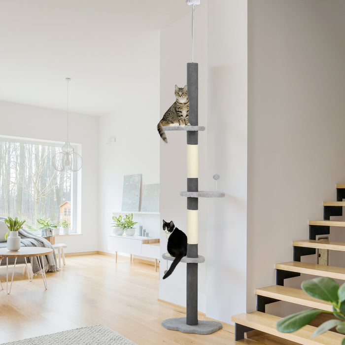 PawHut Floor to Ceiling Cat Tree with Scratching Posts, 88.5\"-100.5\" Adjustable Height Cat Tower with Cloud Shaped Platforms, Dangling Balls, Grey