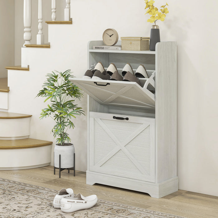 HOMCOM Farmhouse Slim Shoe Cabinet with 2 Flip Drawers Adjustable Shelves
