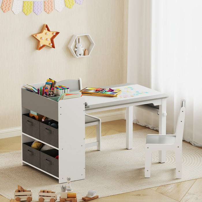 Qaba Kids Table And Chair Set With Paper Roll, Toddler Table And Chair Set With Storage Shelves And Drawers, Art Craft Table For Drawing Writing Aged 3-8 Years, Grey