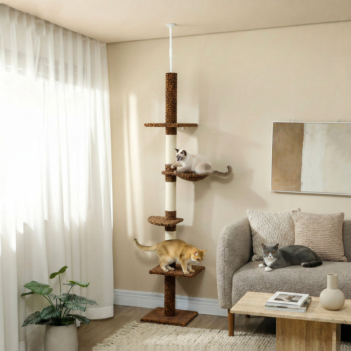 PawHut 91\"-102\" Cat Tree, 5-Tier Floor-to-Ceiling Cat Tower Kitty Activity Center w/ Scratching Post, Cozy Hammock Play Rest Post Pet Furniture for Jumping Climbing, Leopard Print