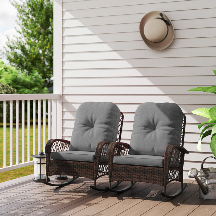 Outsunny 2 Pcs Rattan Rocking Chair With Soft Cushion For Garden, Grey