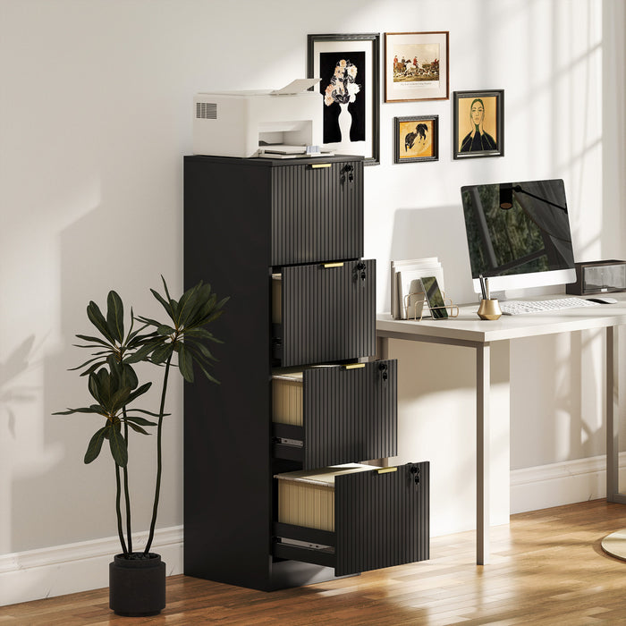 HOMCOM 4 Drawer File Cabinet Fluted Vertical Filing Cabinet with Lock Black