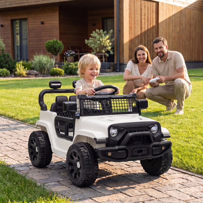 Qaba Electric Car for Kids, 12V Battery Powered Ride on Truck Car with Remote Control, Dual Motors, Rear Suspension, Soft Start, 3 Speeds, Music, LED Lights, for 3-8 Years, White