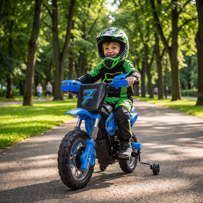 Qaba 12V Kids Electric Motorcycle, Battery Powered Ride on Motorcycle with Training Wheels, Electric Dirt Bike with Rear Suspension, Horn for Boys Girls 3-6 Years, Blue