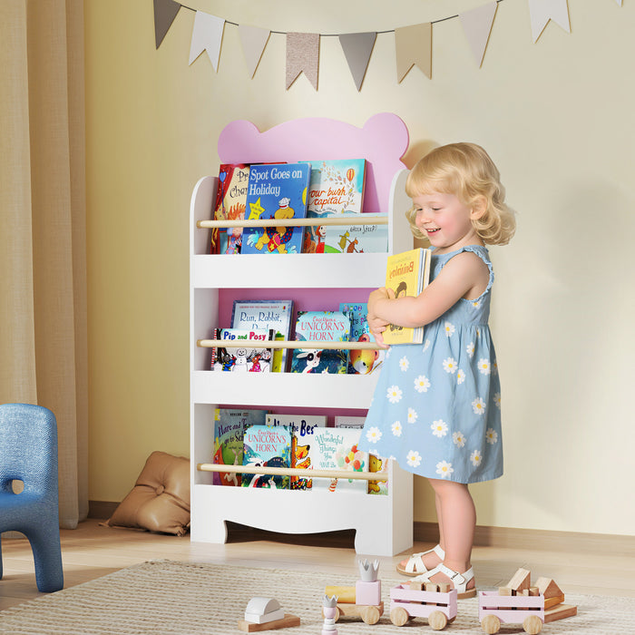 Qaba Kids Bookshelf, 3-tier Book Shelf Organizer, Bear Theme Toddler Space-saving Wall Bookcase For Living Room, Kids Room, Playroom, Pink