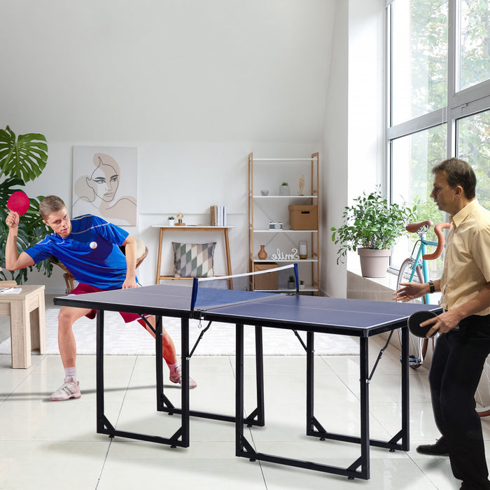 Soozier 6x3ft Compact Midsize Table Tennis Table Multi-use Family Ping-pong Table Free Standing Folding Blue