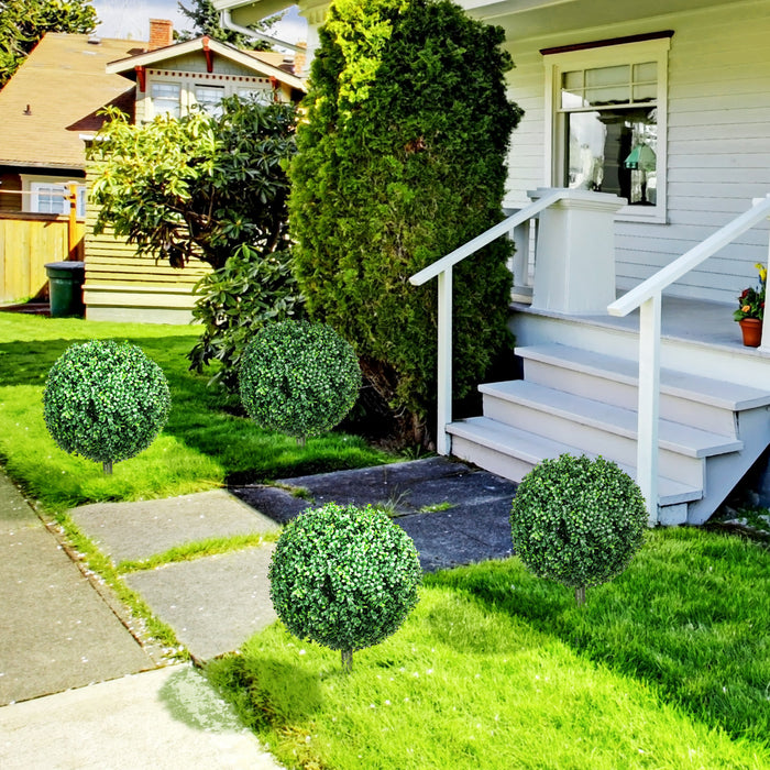 HOMCOM Set of 2 Artificial Boxwood Topiary Trees with Ground Stakes