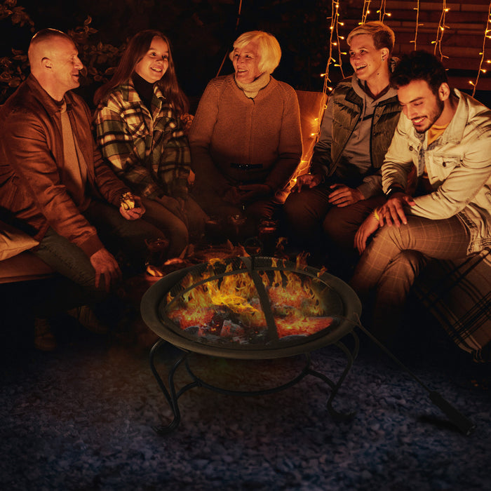 Outsunny 22\" Round Firepit Patio Fireplace Garden Heater Portable Wood Burning Porch With Poker And Spark Screen Black