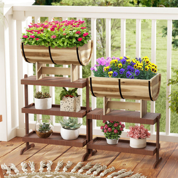 Costway 2 Pcs Outdoor Wooden Planter Solid Acacia Wood Half-barrel Planter Box With Legs