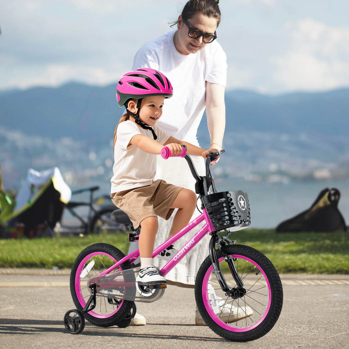 Costway 16\" Kid's Bike With Training Wheels Adjustable Handlebar & Seat Handbrake Pink