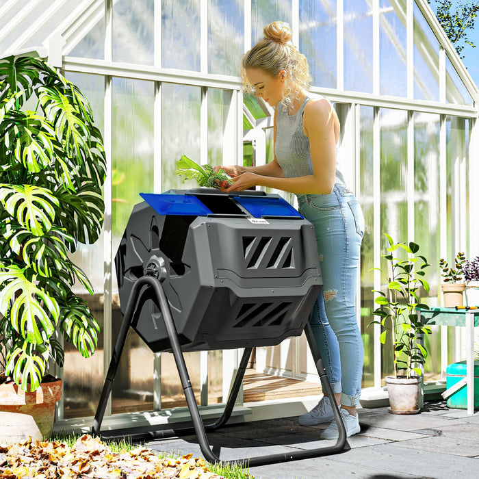Outsunny 43 Gallon (160L) Tumbling Compost Bin Outdoor Dual Chamber 360° Rotating Composter with Sliding Doors, Solid Steel Frame and Gloves, Blue