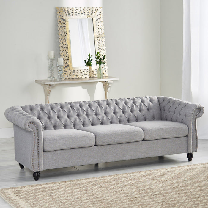 Colin Fabric 3 Seater Sofa With Tufted Back And Nailhead Trim - Grey