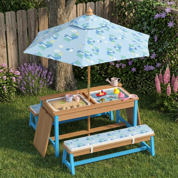 Qaba Kids Picnic Table with Umbrella, Toddler Sand and Water Table Outdoor, with Cushions & 2 x Boxes, Wooden Outdoor Activity Table and Bench Set for Backyard Garden Patio, Blue