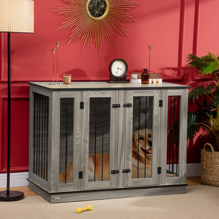 Pawhut Dog Crate Furniture With Divider Panel, Dog Kennel End Table For Large Dogs, Decorative Pet House With Two Rooms Design, For 2 Small Dogs With 2 Front Doors, 47\" X 23.5\" X 35\"