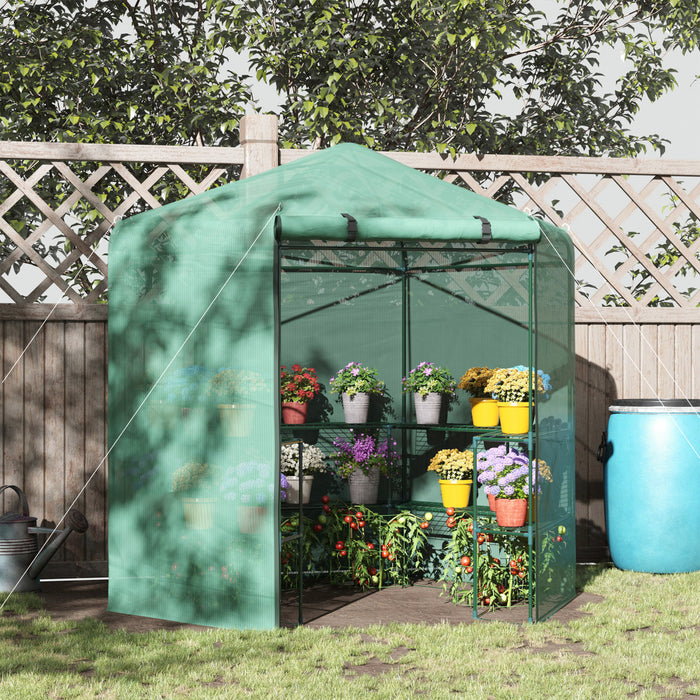 Outsunny 7.5' X 6.5' Walk-in Greenhouse With 3-tier Shelves, Hexagonal Portable Green House With Roll-up Door, Garden Hot House For Plants Herbs Vegetables, Green