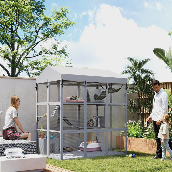 Pawhut Large Cat House With Anti-escape Floor, 81\" H Wooden Catio Outdoor Cat Enclosure With Waterproof Cover, Walk In Door, Condo, Hammock, Ramp, Bridge, For 2-4 Cats