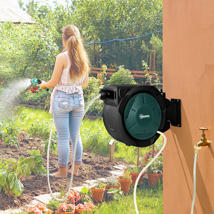 Outsunny Retractable Garden Hose Reel, 1/2 in x 100ft Wall Mounted Water Hose Reel with 7- Function Sprayer Nozzle, Auto Rewind, Any Length Lock, 180° Swivel Bracket, Black