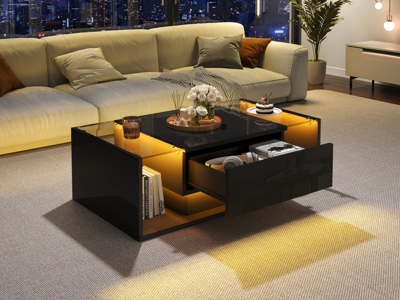 Gleam 39.3 Inch High-Gloss Coffee Table with LED Lights, Drawer and Glass Side Panels, Black
