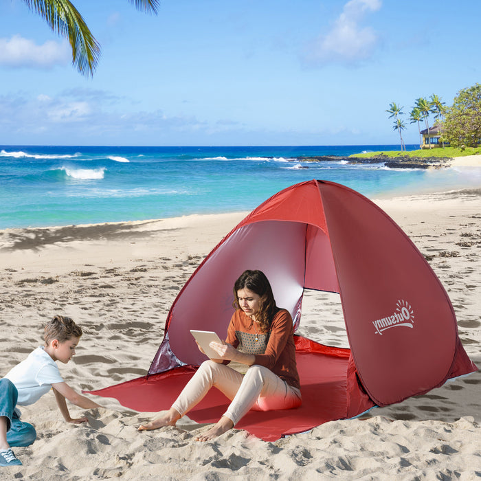 Outsunny Pop Up Beach Tent Portable Sun Shelter Uv Protection Outdoor Patio With Carry Case & Stakes Red