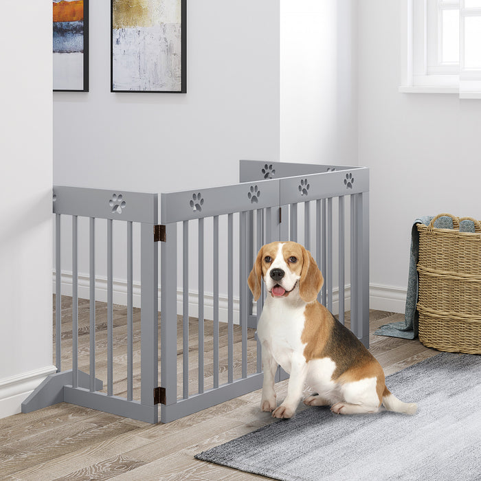 Pawhut Freestanding Pet Gate 4 Panel Wooden Dog Barrier Folding Safety Fence With Support Feet Up To 80.25\" Long 24\" Tall For Doorway Stairs Light Grey