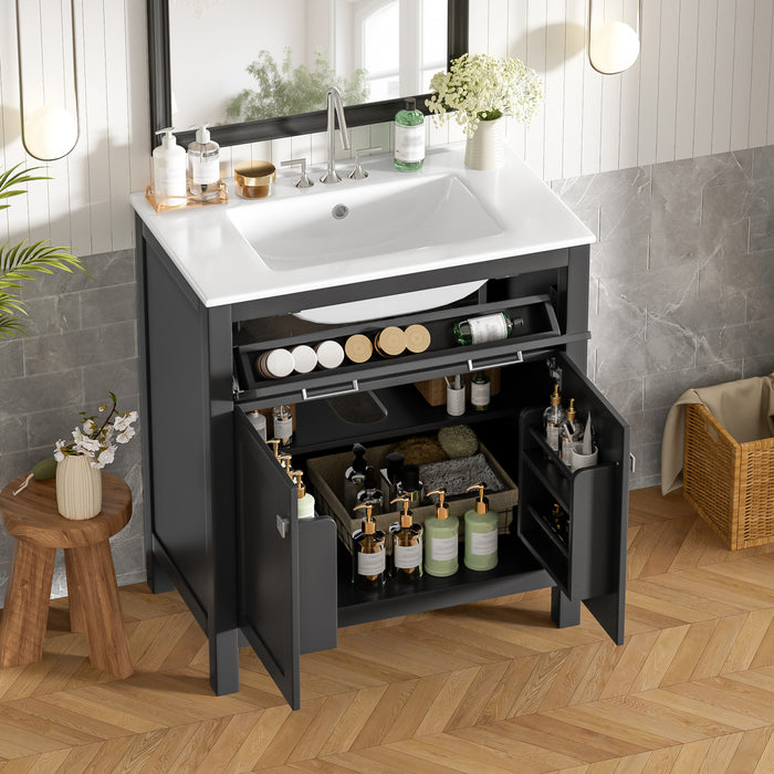 Baker 30 Inch Modern Bathroom Vanity with Ceramic Sink & Storage Cabinet, Black