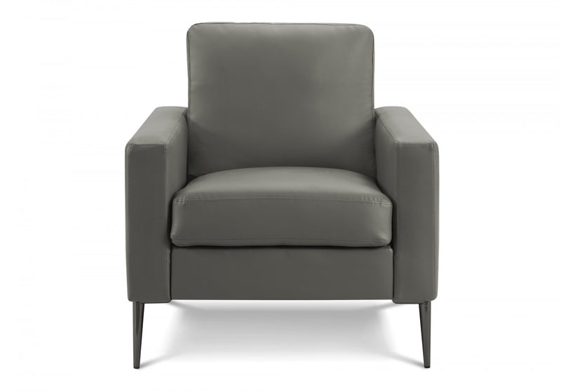 Upholstered Accent Chair, 32\" Wide, Dark Grey Leather-Look, Black Metal Legs, Modern Accent Chair