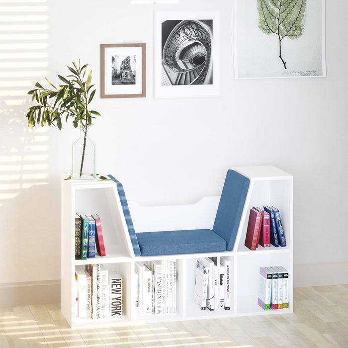 HOMCOM 6-Cubby Bookcase Bookshelf with Cushion Reading Nook, Blue