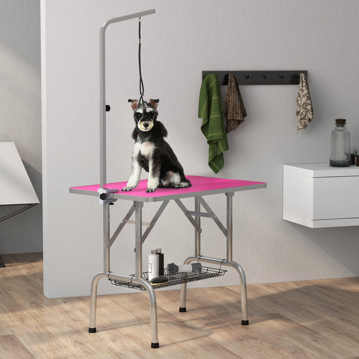 Pawhut Dog Grooming Table With Adjustable Grooming Arm, Pet Grooming Table For Dogs With Storage Shelf, Foldable Design Stainless Steel For All Sizes Dogs Cats, Pink