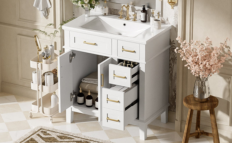 Savannah 30 Inch Bathroom Vanity with Ceramic Sink and Spacious Storage Cabinet, White