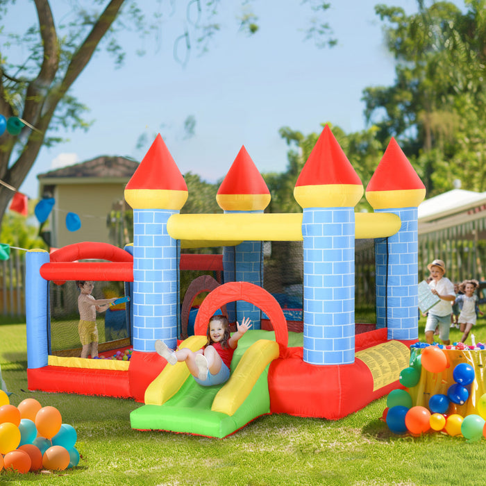 Qaba 9.2 x 9.5FT Bouncy Castle for Kids, 4 in 1 Inflatable Bounce House with Trampoline, Slide, Water Pool, Basket, Blower, Carry Bag, Indoor Outdoor Bouncer for Age 3-8