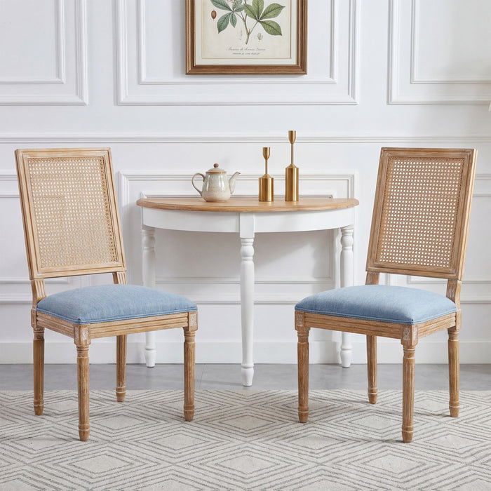 Oliver Solid Wood Rubberwood Dining Chair Set of 2 with Upholstered Seat Cane Backrest and Fluted Legs,Blue