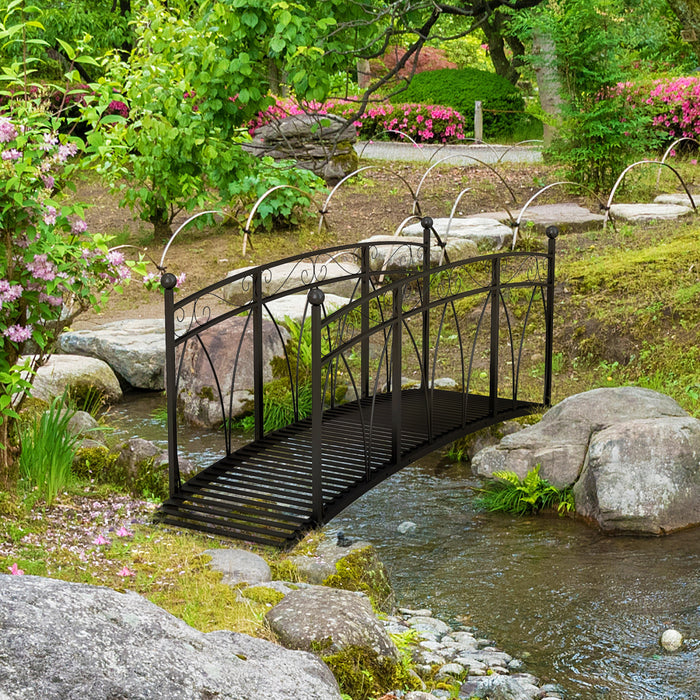 Outsunny 8' Metal Arch Garden Bridge With Siderails, Pond Bridge, Black