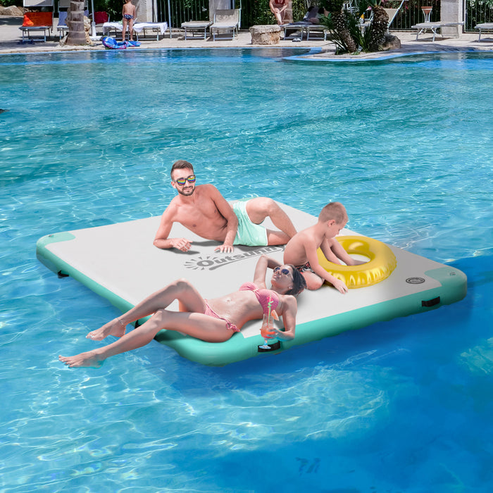 Outsunny 8' x 6' Water Inflatable Floating Dock, Rafting Platform Island, Large Mat with Air Pump & Backpack, for Pool, Beach, Ocean, Blue and Green
