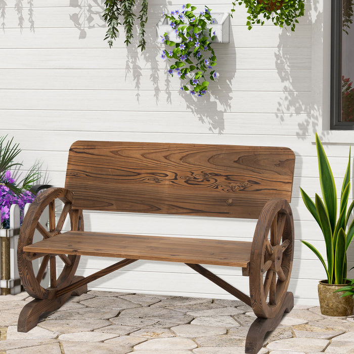 Outsunny Wooden Wagon Wheel Bench Rustic Design 2 Seater Garden Chair