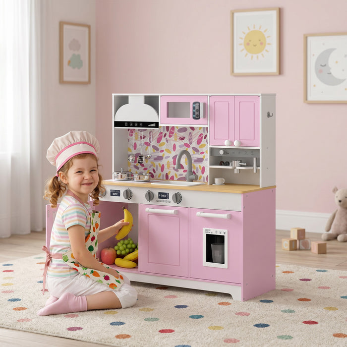Qaba Play Kitchen for Toddlers, Kids Kitchen Playset with Stove, Sink, Coffee Maker, Ice Maker, Realistic Accessories, Storage, Pretend Play Gift for Boys Girls 3-8 Years, Pink