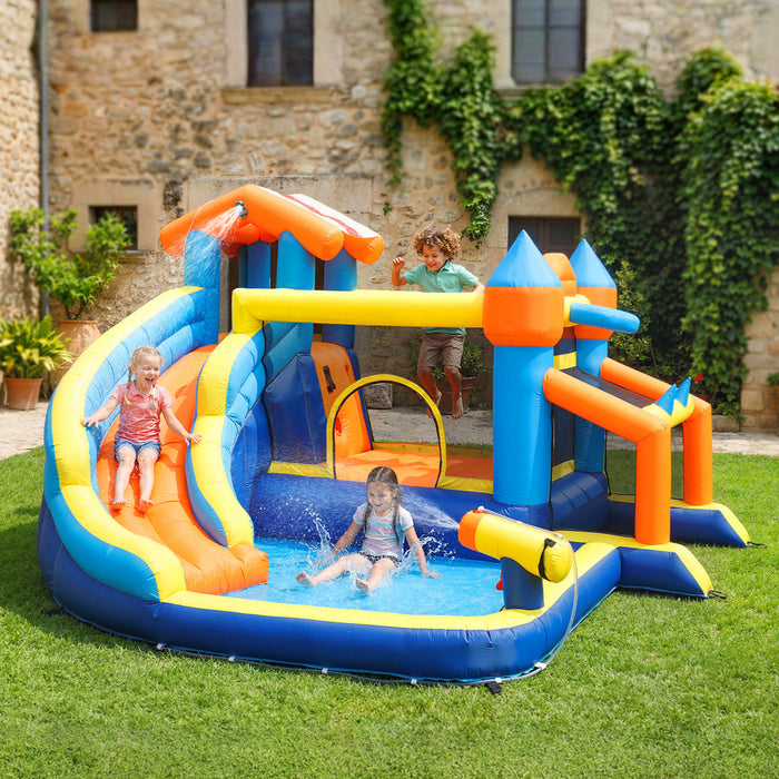 Qaba 8 in 1 Bouncy Castle for Kids, Inflatable Bounce House with Slide, Pool (Ball Pit), Climbing Wall, Basketball Hoop, Ring Toss, Water Cannon, Blower for Indoor Outdoor