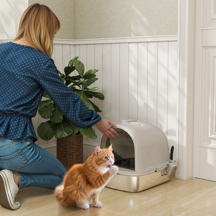 PawHut Stainless Steel Litter Box with Lid, Enclosed Cat Litter Box with Scoop, Deodorizer Bag, Handle, Odour Control, Non-Sticky and Easy to Clean, Grey