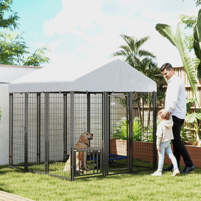Pawhut 6' X 6' X 6' Dog Run Outdoor, Large Outdoor Dog Kennel Welded Wire Steel Fence With Uv-resistant & Waterproof Cover, Rotating & Adjustable Bowls, Secure Lock, Silver