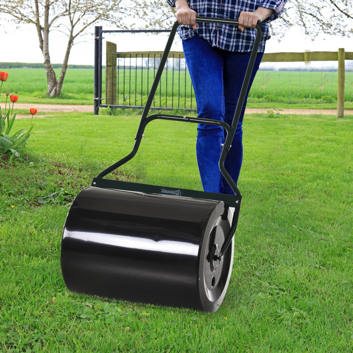 Outsunny 20\" Push/Tow Behind Lawn Roller, Heavy Duty Sod Drum Roller Filled with 16 Gal Water/Sand, Grass Flattener for Yard, Patio, Park, Black