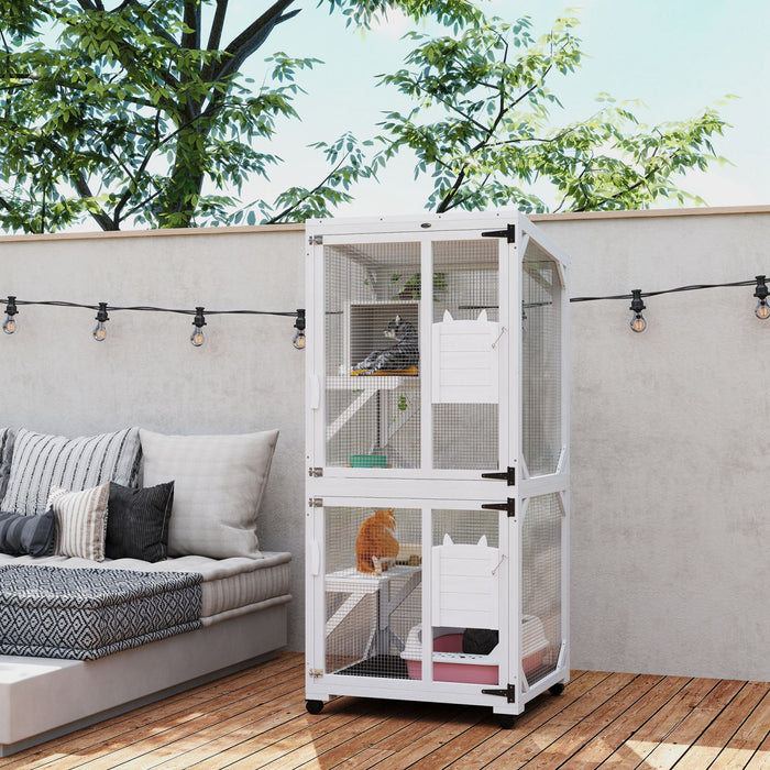 Pawhut 71\" H Large Catio Outdoor Cat Enclosure, Wooden Kitten House For Patio, Elevated Design With Wheels, Resting Box, Water-resistant, Multi Platforms, For 1-3 Cats, White