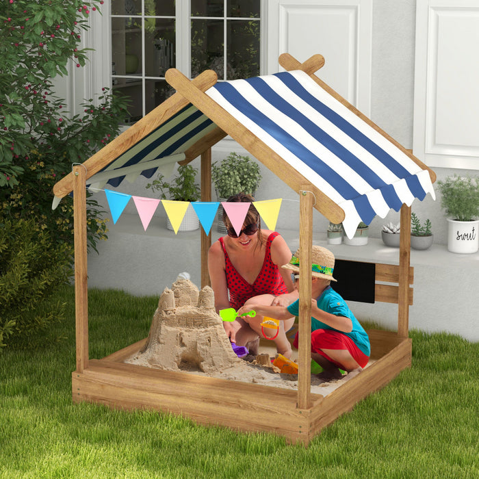 Outdoor Kids Sandbox With Cover, Liner, Blackboard, Toys, Seat, Flags, House Design, Kids Playset For 3-7 Years Old, Backyard, Brown